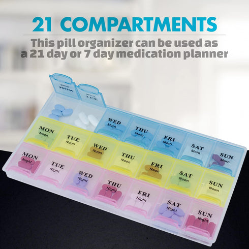 Weekly Pill Organizer - 21 Day Pill Planners for Vitamins, Pills & Medication, Easy to Read & Travel Friendly