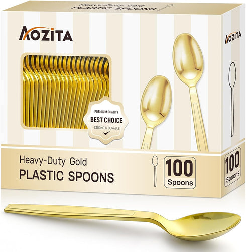 100 Gold Disposable Plastic Spoons - Heavy Weight Utensils for Parties, Weddings, Picnics, Daily Use