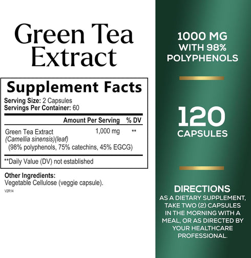 Green Tea Extract Pills 1000mg with EGCG for Heart Support with Antioxidants - 98% Standardized Polyphenols - 3X Absorption Green Tea Capsules for Natural Energy, Gentle Caffeine - 120 Capsules