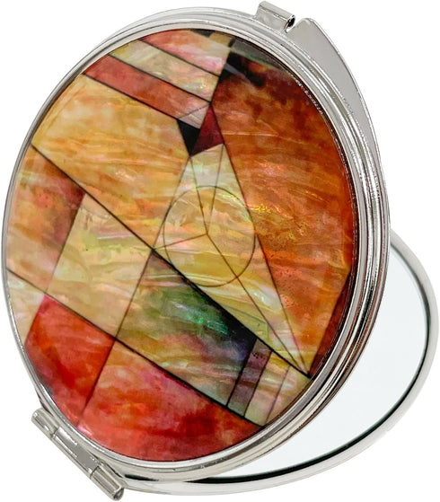 Portable Makeup Compact Double Magnifying Mirror, Foldable Pocket Style, Unique Mother of Pearl Design (Patchwork)