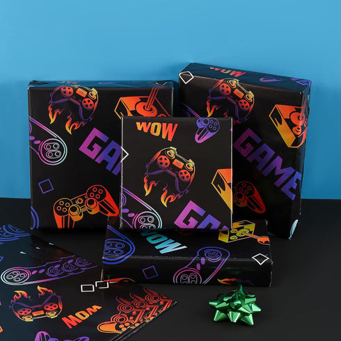 U'COVER Gaming Wrapping Paper Birthday Gift Wrapping Paper for Boys Kids Girls Men 3 Large Sheet Video Game Wrap Paper with Cut Line for Holiday Game Lover 27 * 39inch (MULTICOLOR)