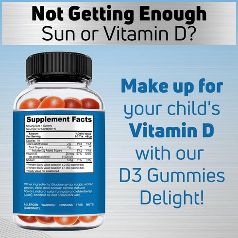 Kids Vitamin D Gummies (90 Day Supply) Vitamin D3 for Kids (1000IU) to support Bones, Joints, Muscle Functions & Immune System. Delicious & Vegetarian Vitamin D for kids