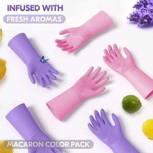 Vgo... 2 Pairs Reusable Household Gloves, Innovative Lined Dishwashing Gloves, Long Sleeves Kitchen Gloves (Violet&Pink)