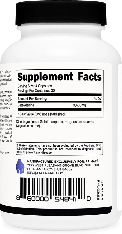 Primal Beta-Alanine Capsules | 3400mg Supplement (30 Servings, 120 Capsules) | Gluten-Free & Non-GMO, 850mg Per Cap
