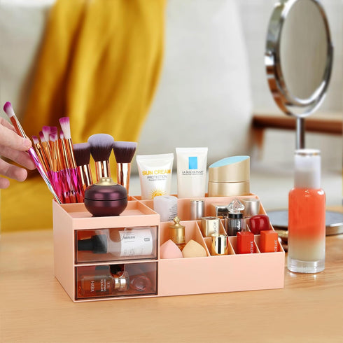 LETURE Cosmetic Makeup Vanity Organizer Box, Bathroom Counter Storage for Eyeshadows, Skin Care, Pink