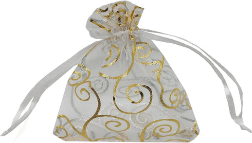 100pcs Sheer Organza Favor Bags - Wedding Baby Shower Rattan Print Gift Bags, 3.5x4.5 inch, White