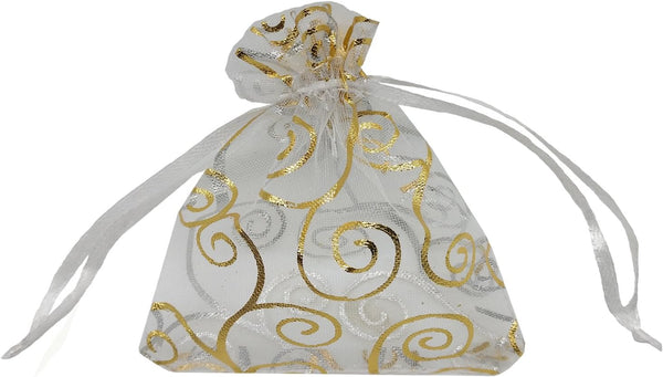 100pcs Sheer Organza Favor Bags - Wedding Baby Shower Rattan Print Gift Bags, 3.5x4.5 inch, White