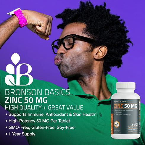 Bronson Zinc 50 MG High Potency, One Year Supply, Supports Immune, Antioxidant & Skin Health, Non-GMO, 360 Tablets
