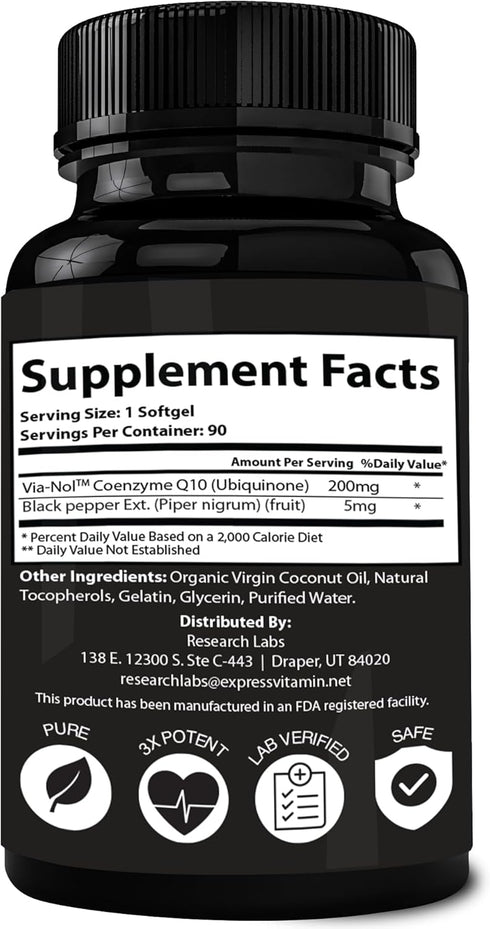 Research Labs Advanced Absorption 200mg CoQ10 with Black Pepper Extract - 180 Softgels for Heart Health Support, Energy