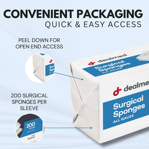 Dealmed 4" x 4" Surgical Sponges, 12-Ply Absorbent Woven Gauze Pads, 200 Count for First Aid