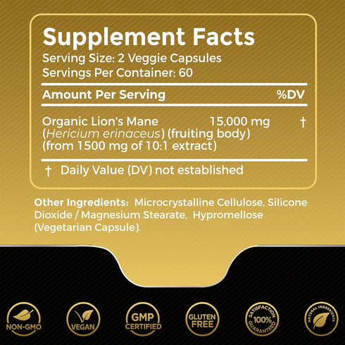 Lions Mane Supplement Capsules - 120 Count - Mushroom Supplement, Brain Supplements for Memory and Focus, Lion's Mane Mushroom Capsules - Cognitive and Immune Support, Focus Supplement