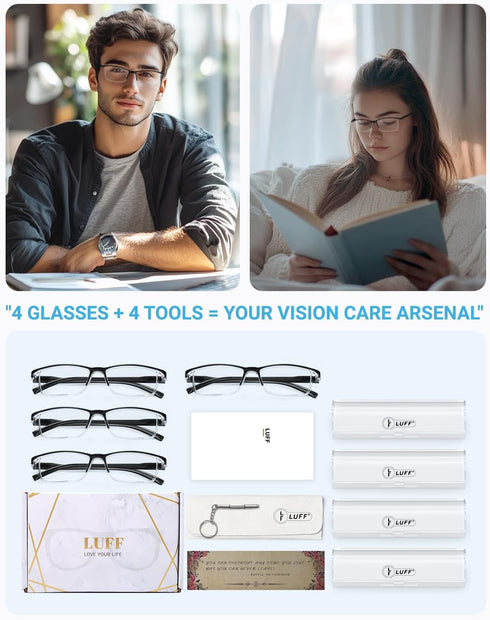 LUFF 4Pcs Ultra-Light Portable Reading Glasses - Anti-Blue-ray (1.75X)