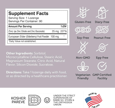 Zahler Elderberry Zinc Lozenges for Adults & Kids - 90 Count Chewable Zinc & Sambucus Lozenges