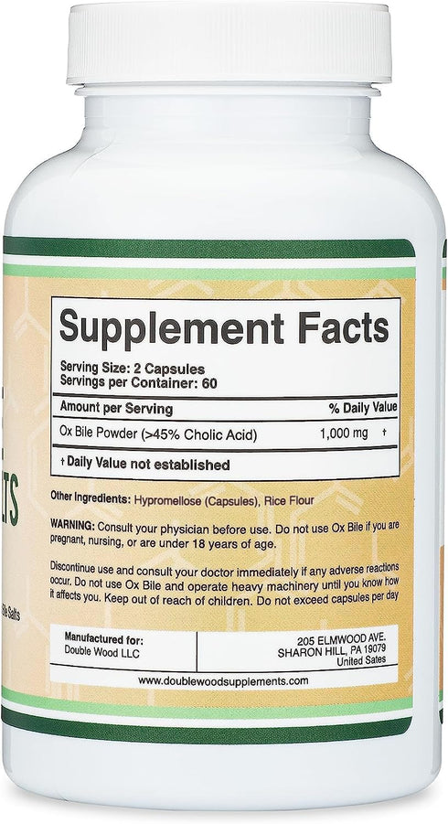 Ox Bile Supplement for No Gallbladder, 1,000mg Per Serving, 120 Capsules for Bile Salt Deficiencies