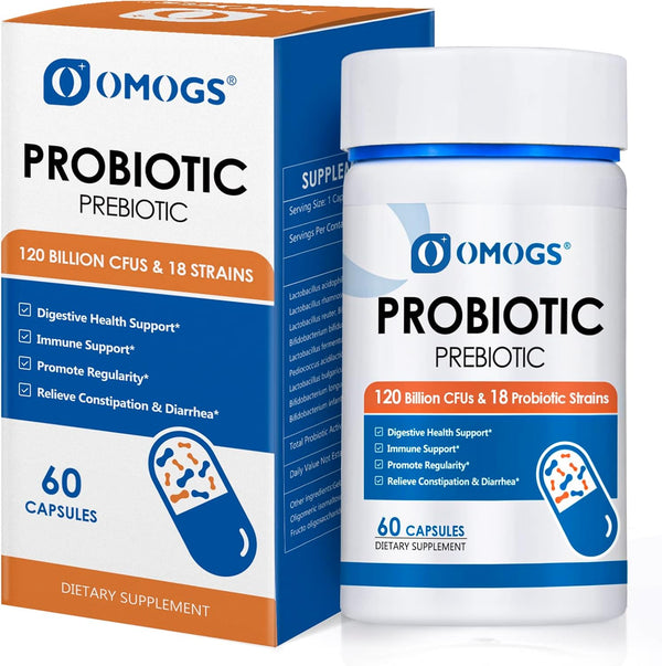 Probiotics 120 Billion CFUs 18 Strains, 3 Prebiotics, 60 Capsules - Supports Digestive & Gut Health, Immune Strength
