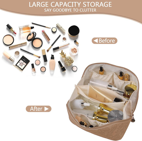 Large Capacity Makeup Bag, Waterproof PU Leather Travel Cosmetic Bag for Women and Girls