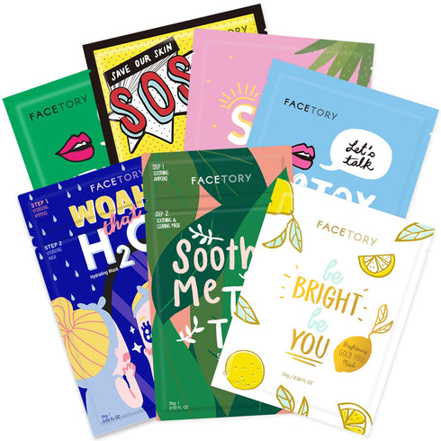 FACETORY Best of Seven Facial Masks Collection - Hydrate, Revitalize, Nourish, Purify Skin, Variety Pack of 7 Sheet