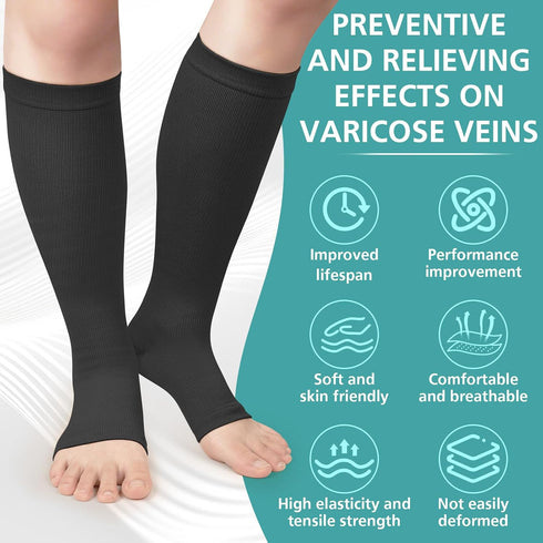 Owcorowan 3 15-20 mmhg Pairs Open Toe Compression Socks for Men & Women - Knee High Stockings for Circulation Support