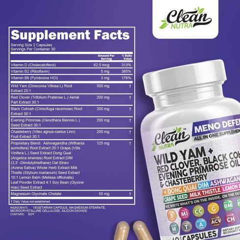Clean Nutra Wild Yam Root Capsules with Red Clover, Black Cohosh, Evening Primrose Oil & Hormone Balance for Women