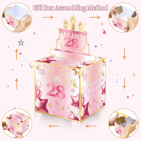 Joycard 28th 28 28th 35PCS Birthday Money Box for Women or Her, Years Old Birthday Decorations, Fun Pull-Out Cash Gift