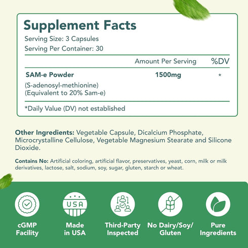1500mg SAM-e Supplement, High Strength S-Adenosyl-L-Methionine Capsules for Joint Brain Liver Mood Support (90 Count)