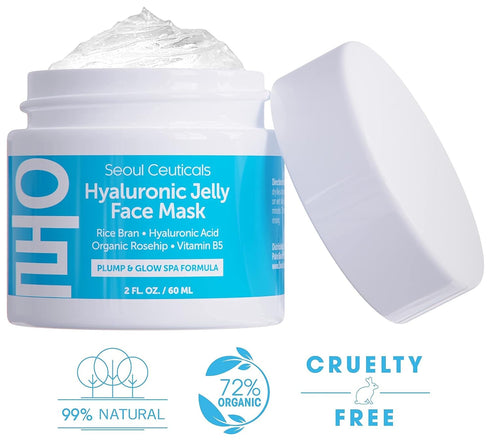 SeoulCeuticals Hyaluronic Acid Jelly Face Mask – Rice Bran + Vit B5 + Rosehip Anti Aging K Beauty Skincare, 2oz