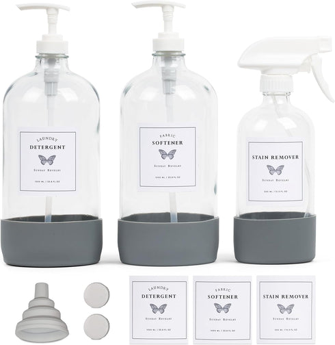 Glass Laundry Detergent Dispenser Set, 34 oz x 2 and 17 oz x 1, for Liquid Detergent and Stain Remover