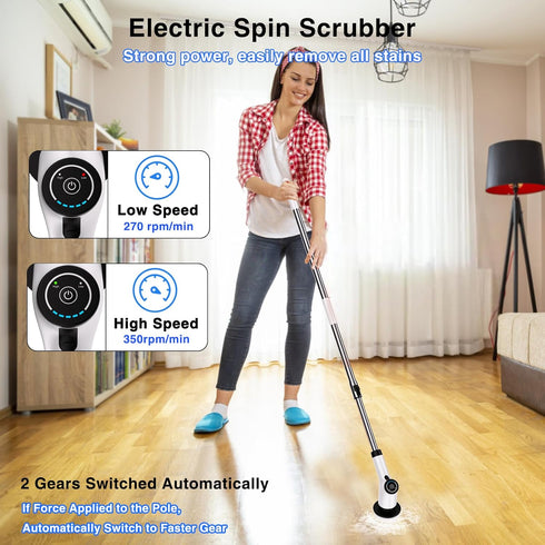 Electric Spin Scrubber, Cordless Cleaning Brush with 8 Replaceable Brush Heads, Dual Speed Power Scrubber