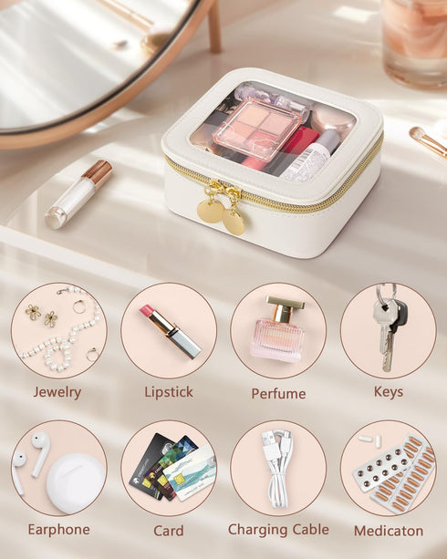 Mini Makeup Bag, Small Waterproof Clear Makeup Bag, Leather Cosmetic Pouch for Travel, Beige