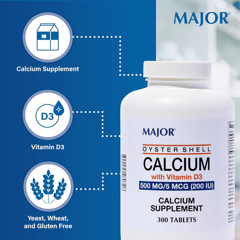 Major Oyster Shell Calcium with Vitamin D3, 500 mg / 5 mcg (200 IU) - Daily Calcium Supplement, 300 Tablets