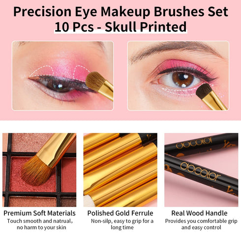 Docolor 10Pcs Skull Printed Eye Makeup Brushes Set - Blending, Concealer, Eyebrow, and Eye Liner Brushes