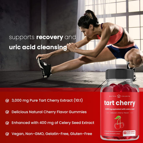 NutraChamps Tart Cherry Gummies - 3000mg Tart Cherry Extract with Celery Seed | Uric Acid Cleanse Supplement,