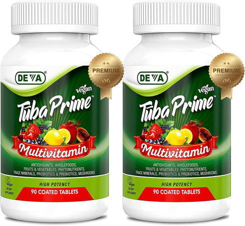 DEVA Tuba Prime Vegan Multivitamin, 90 Tabs, High-Potency Dietary Supplement with Antioxidants & Probiotics, 2-Pack