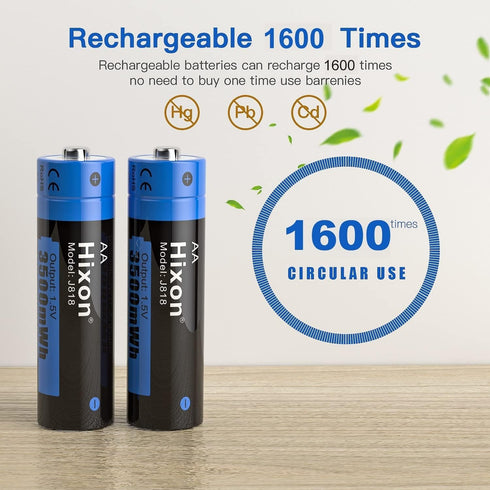 Hixon Rechargeable AA Batteries, 3500mWh (2330mAh), 1.5V Constant Output, 4 Counts Lithium AA Batteries
