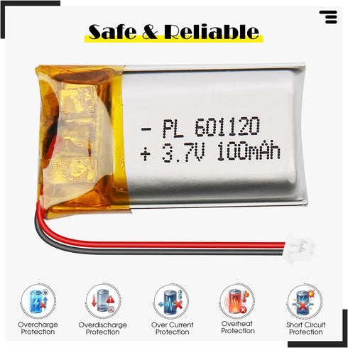Qimoo 601120 3.7V 100mAh 1.25 LiPo Battery - Rechargeable Lithium Polymer Battery with Protection Board and Micro JST