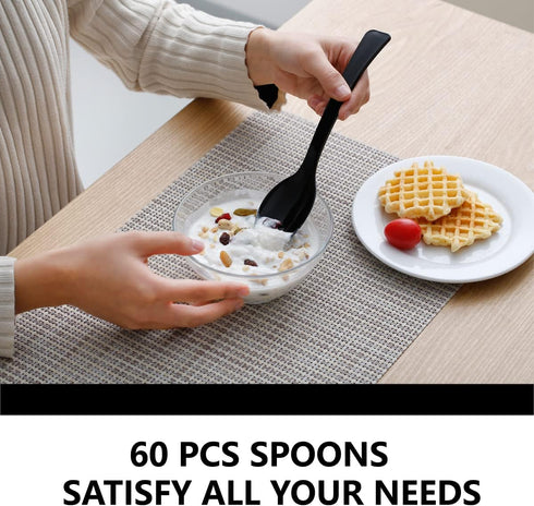 9 Inch Disposable Plastic Spoons - 60 Count Heavy Duty Serving Utensils, Food Safe, BPA Free, Black