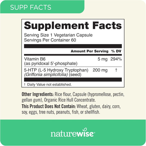 NatureWise 5-HTP 200mg Supplement with Vitamin B6 for Mood Support and Natural Sleep Aid, 60 Count