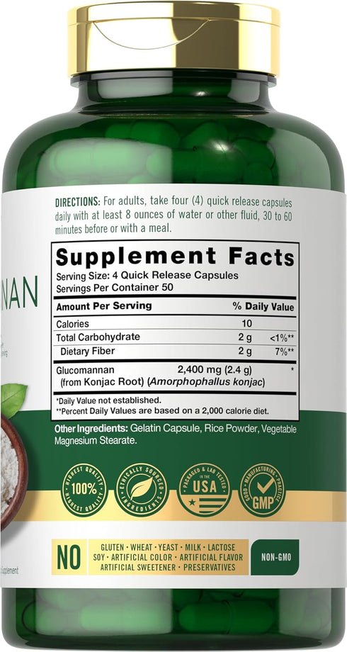 Carlyle Glucomannan Capsules | 200 Count | Soluble Fiber Pills | Non-GMO, Gluten Free Supplement