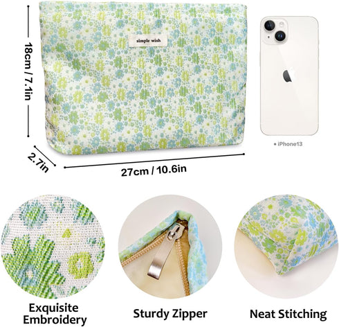STARDW Aesthetic Floral Makeup Bag, Large Cute Cosmetic Bag Organizer for Women Girls, Travel Toiletry Pouch (Fresh