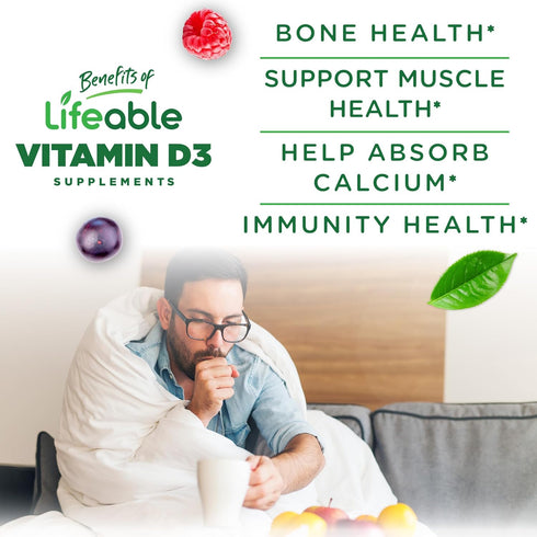 Lifeable Vitamin D 5000 IU - Gummy Supplement for Strong Bones, 90 Gluten Free Vegetarian Gummies