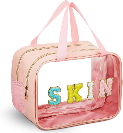 Chenille Letter Bag, Nylon Makeup Bag, Portable Zipper Cosmetic Toiletry Storage Bag for Women Girls, Pink