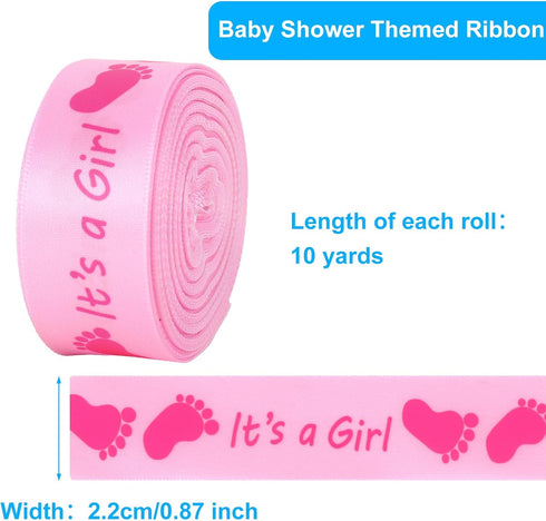 Whaline 2 Rolls Baby Shower Craft Ribbons 20 Yards Blue Pink Satin Ribbons It's a Girl It's a Boy Footprint Gift Wrapping Ribbons for Baby Shower Diaper Birthday Cake Gift Wrapping Crafts
