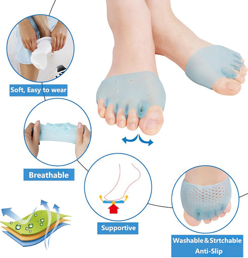 JUMPOW Metatarsal Pads - 2 Pairs Soft & Durable Ball of Foot Cushions for Pain Relief, Gel Toe Separator Spacers
