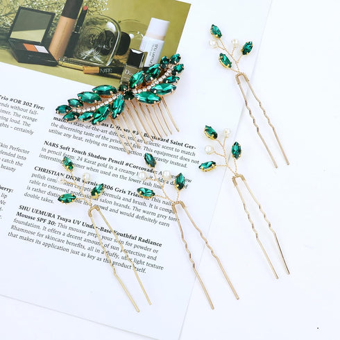 inSowni 7 Pieces Vintage Bridal Wedding Glitter Emerald Green Rhinestone Hair Side Combs and U-shaped Hair Pins