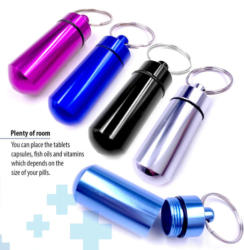 5 Pack Aluminum Keychain Medication Pill Box, Waterproof Mini Travel Pill Boxes for Medicine Vitamin Holder