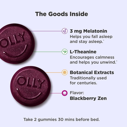 OLLY Restful Sleep Gummy Supplement with Melatonin & L-Theanine Chamomile, Blackberry Zen, 50 Gummies