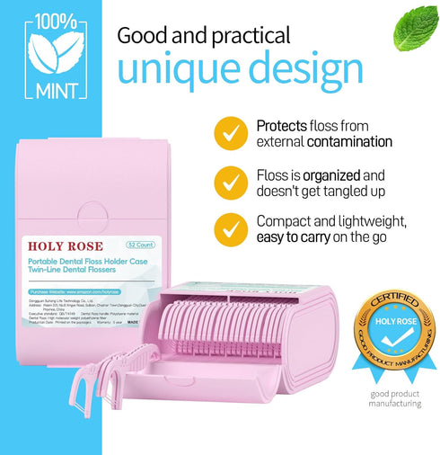 Holy Rose Pink Dental Floss Picks, 104 Count with 2 Travel Cases, Mint Flavored Oral Care Tool