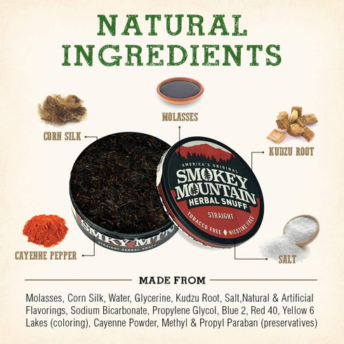 Smokey Mountain Herbal Long Cut Straight Snuff, 5 Can Box, Tobacco Free and Nicotine Free