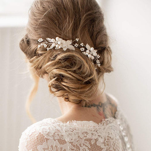 Unicra Bridal Flower Hair Pins, Wedding Pearl Hair Piece Crystal Accessories for Women and Girls (Pack of 3) (A-Silver)