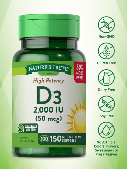 Nature's Truth Vitamin D3 2000 IU Softgels, 150 Count, High Potency, Non-GMO, Gluten Free Supplement